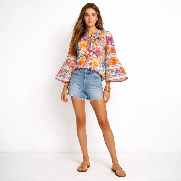 Hale Bob Top Lucinda Pink Orange Blue Floral Bell Sleeve Boho Resort Blouse M - Picture 2 of 15
